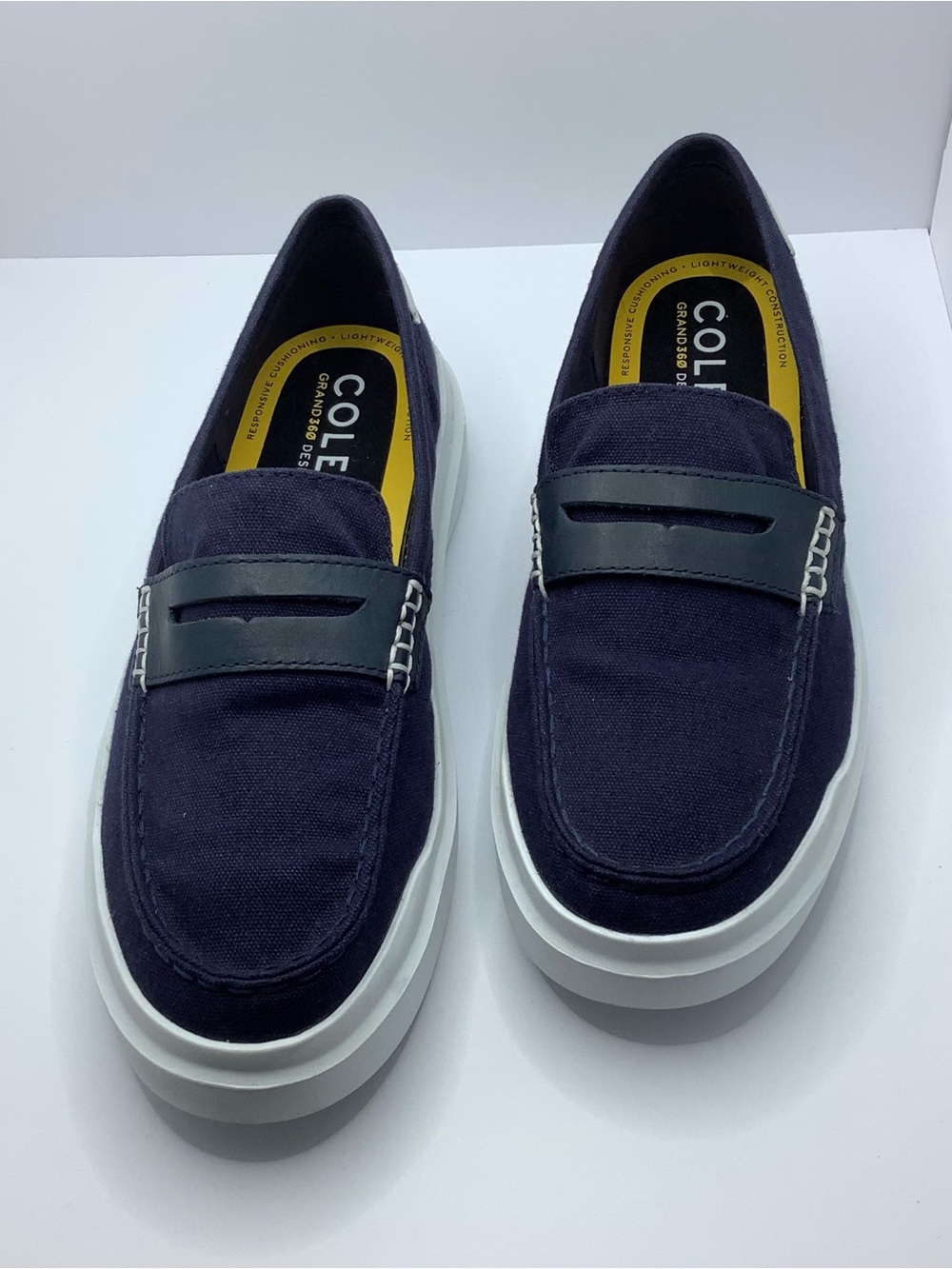 Cole Haan Navy Canvas Penny Loafers with White Platform Sole